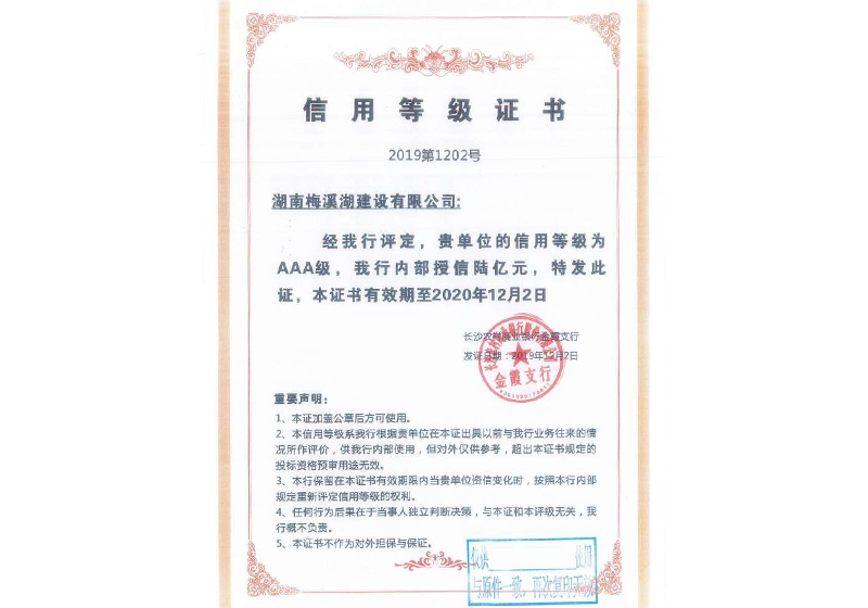 信用等級(jí)證書